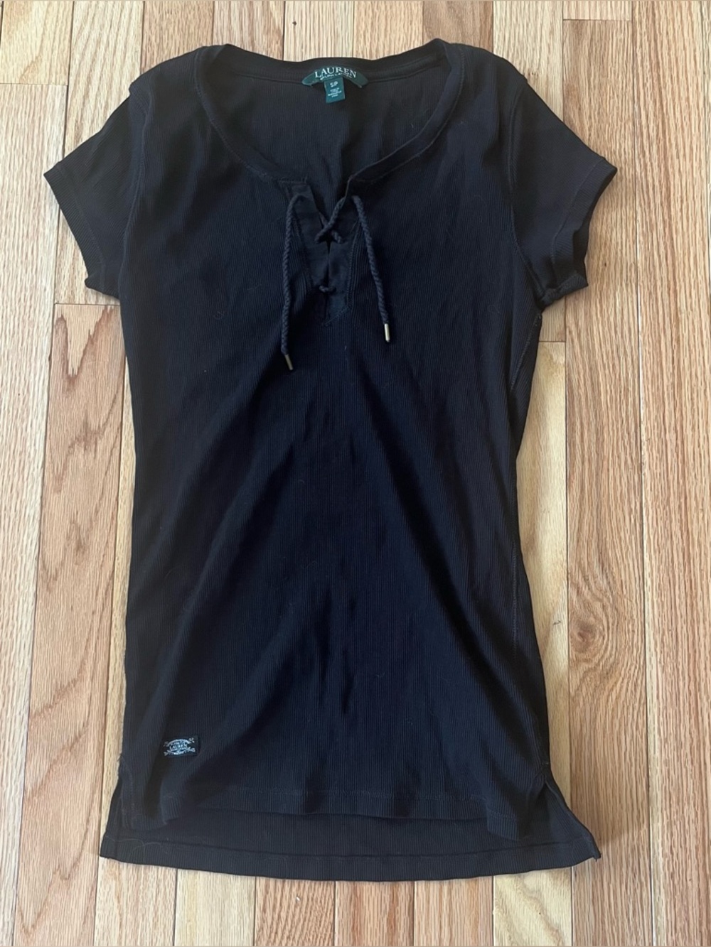Lauren Ralph Lauren Black Ribbed Tee Small Lace Up 100% Cotton Minimalist